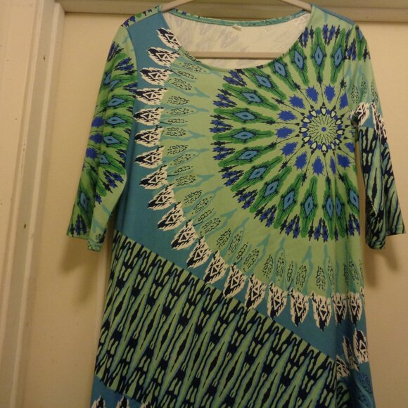 TRIBAL JUNGLE IN GREEN PRINT MINI KNIT DRESS L - Picture 3 of 7